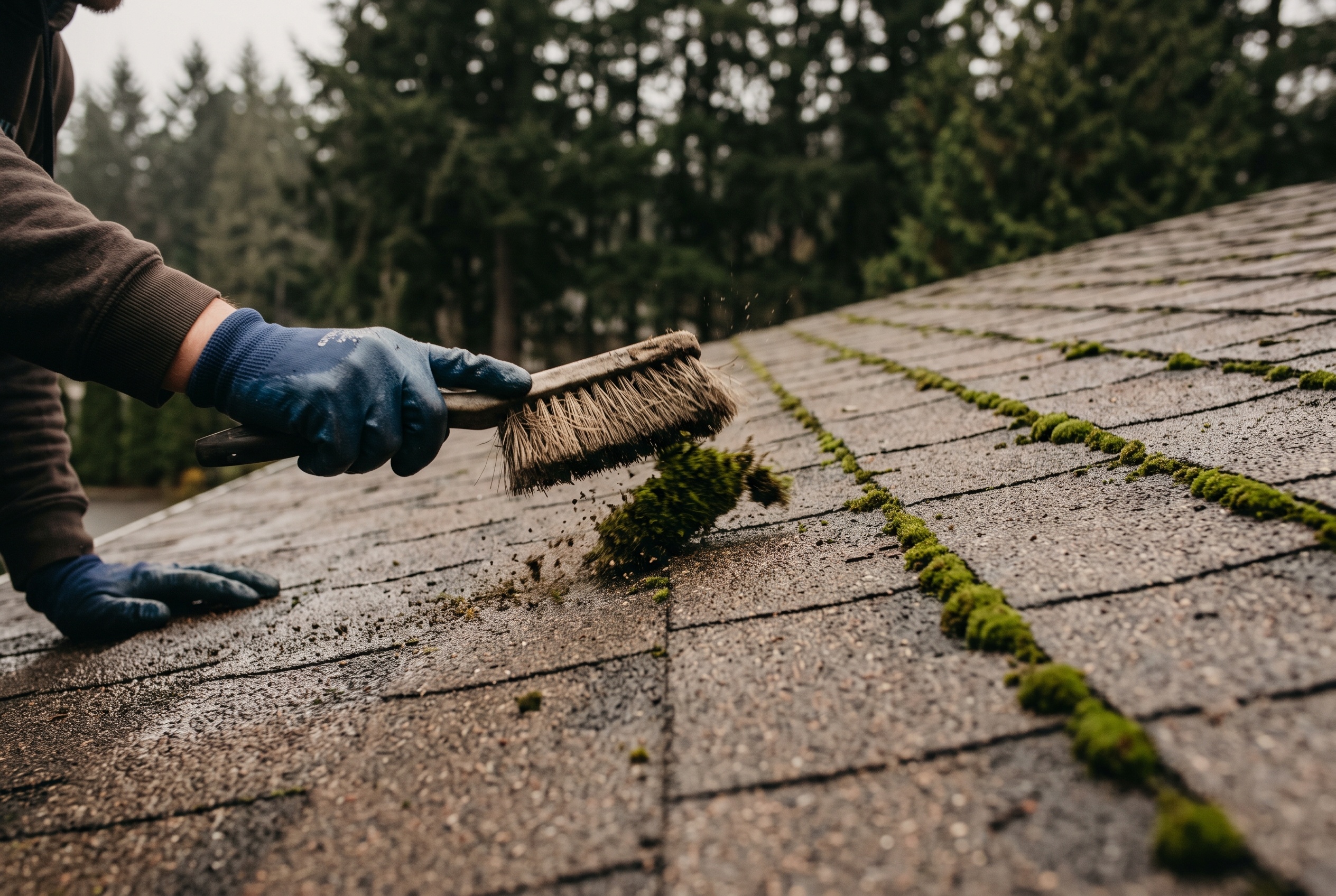 Gloved hand brushing moss off asphalt roof shingles