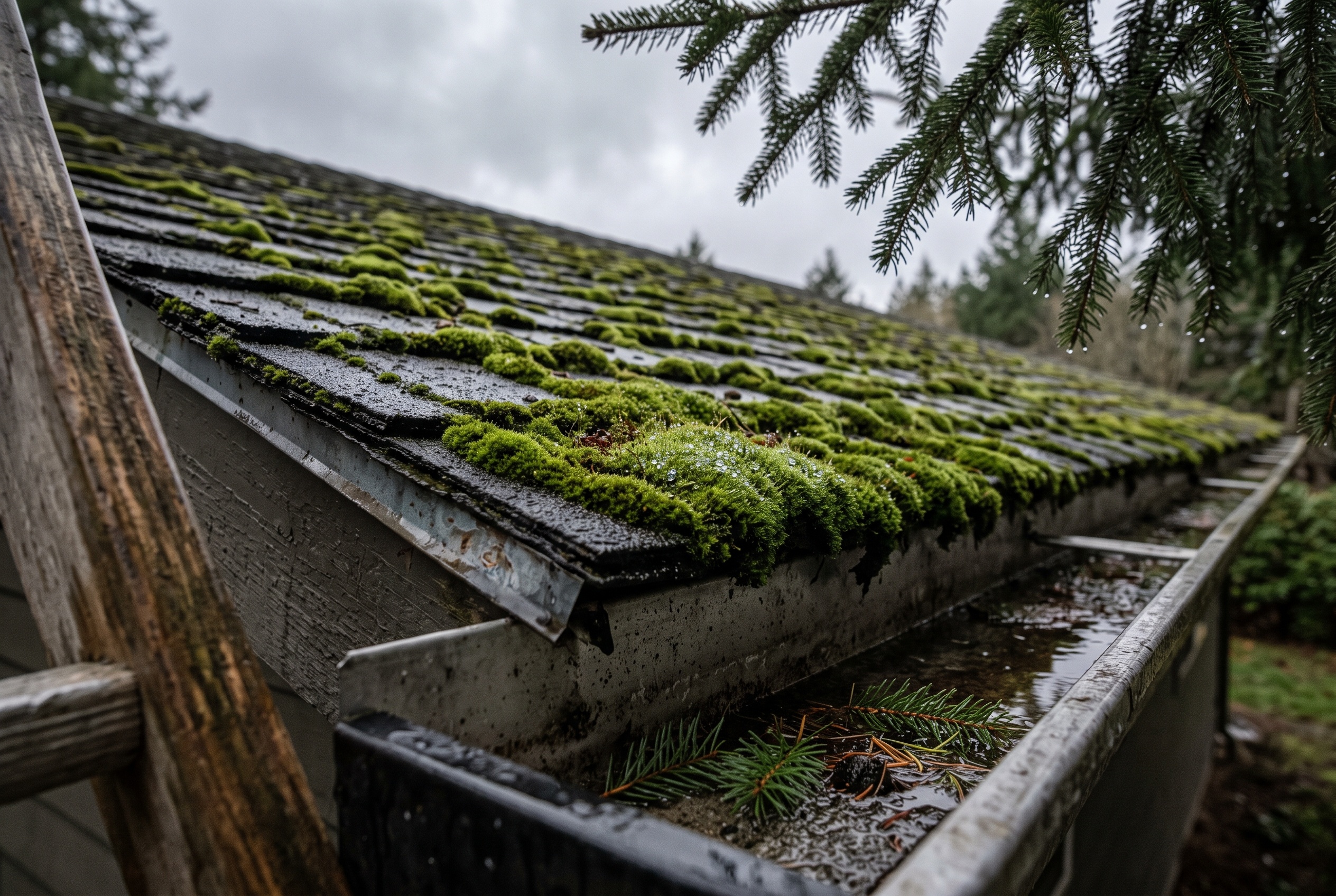Thick moss growing along a shaded roofline under evergreen branches