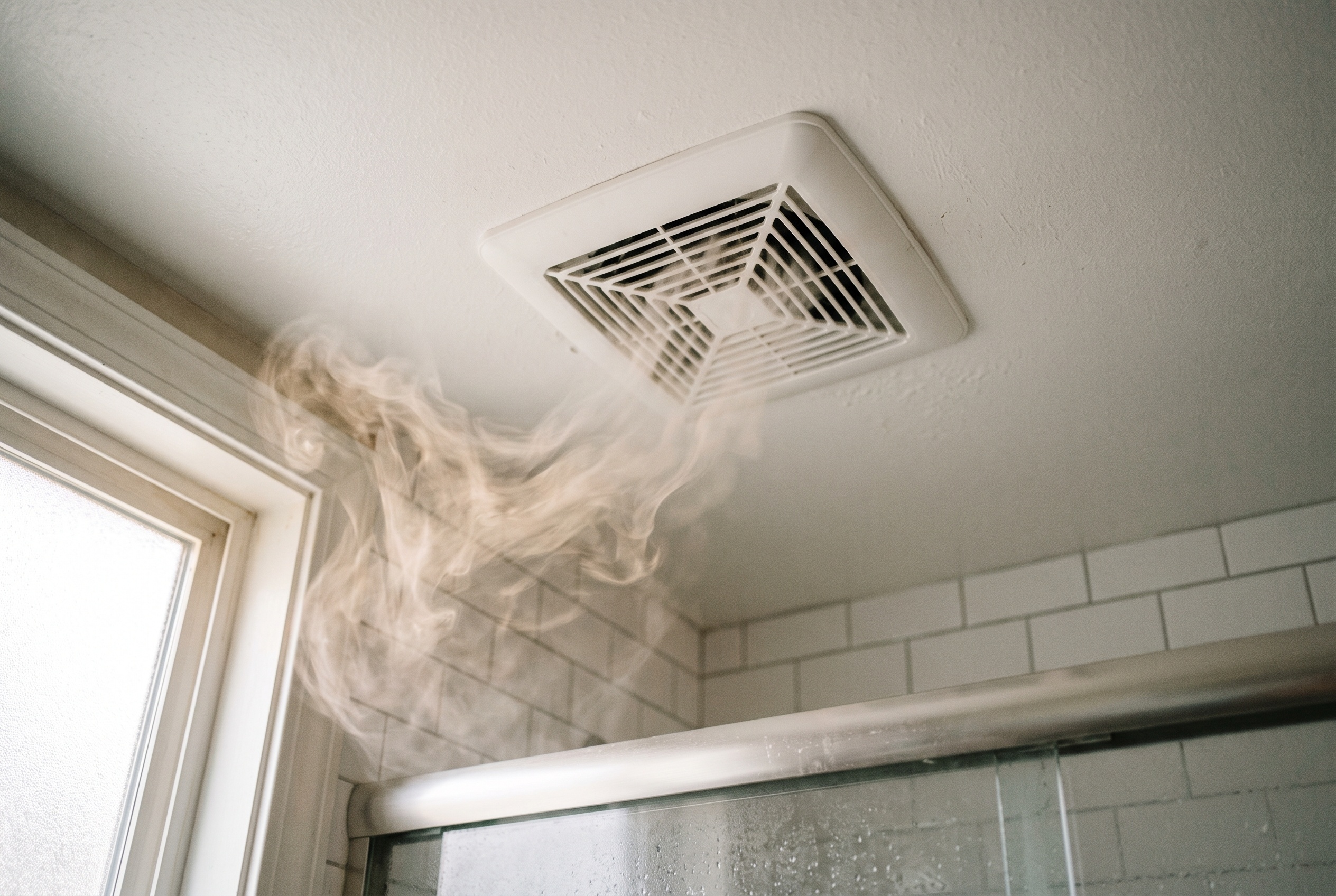 Steam rising toward a bathroom exhaust fan in the ceiling