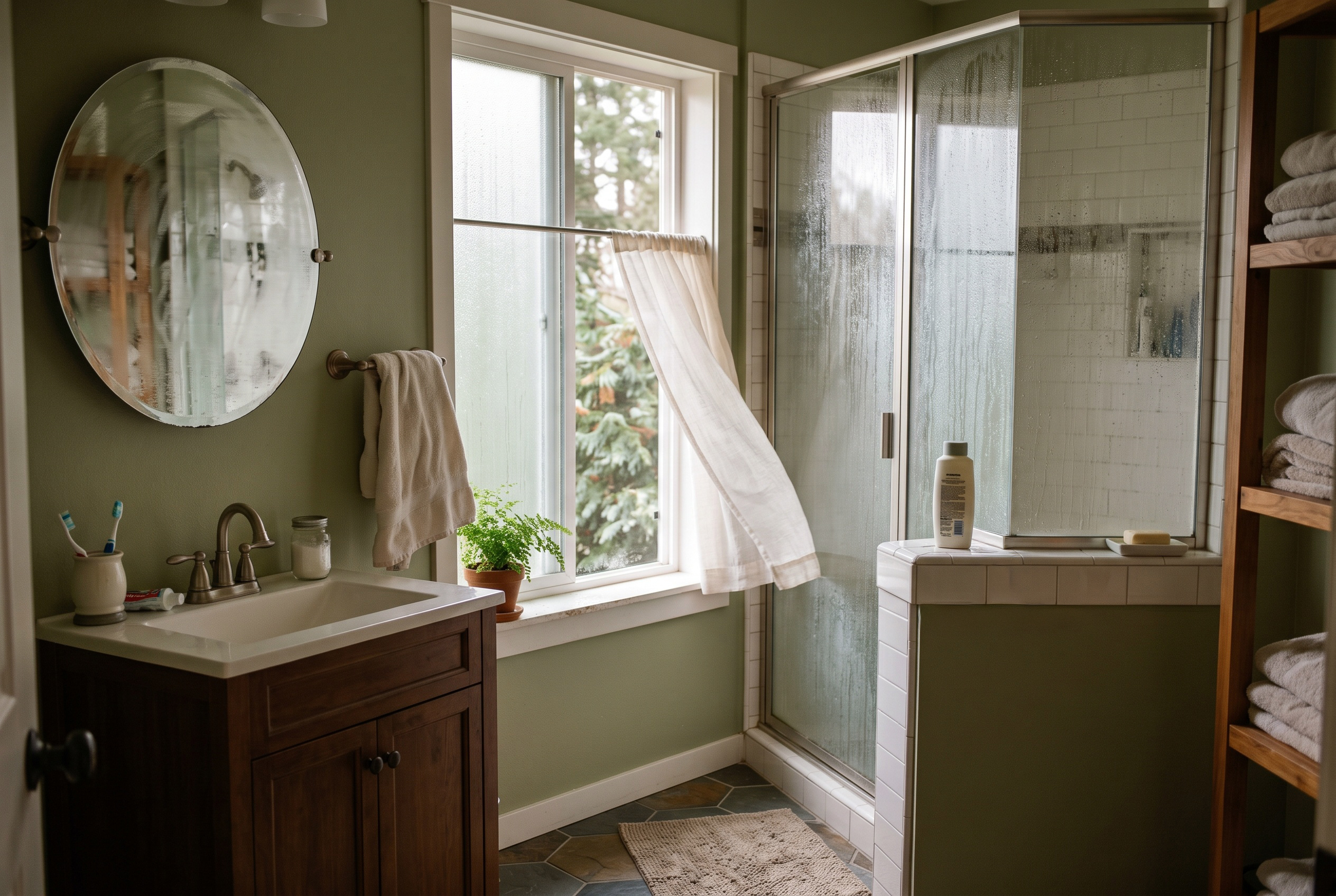 Bright bathroom airing out with an open window and towels hung to dry