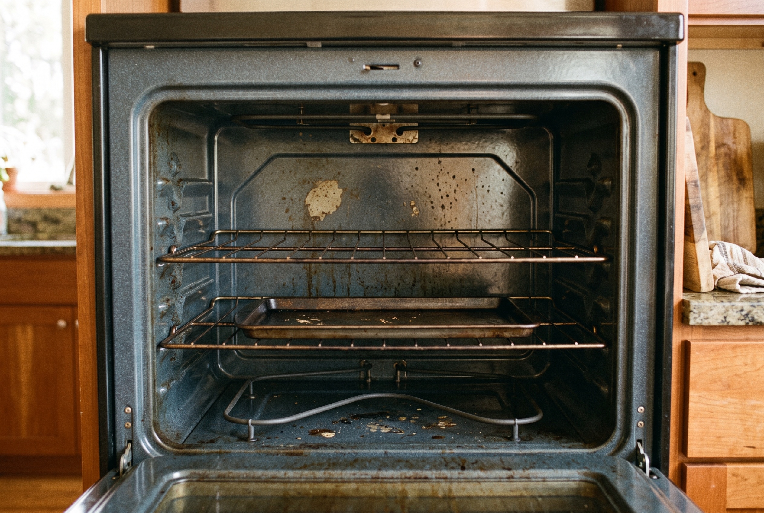 Inside of an oven with baked-on grime on the walls and floor