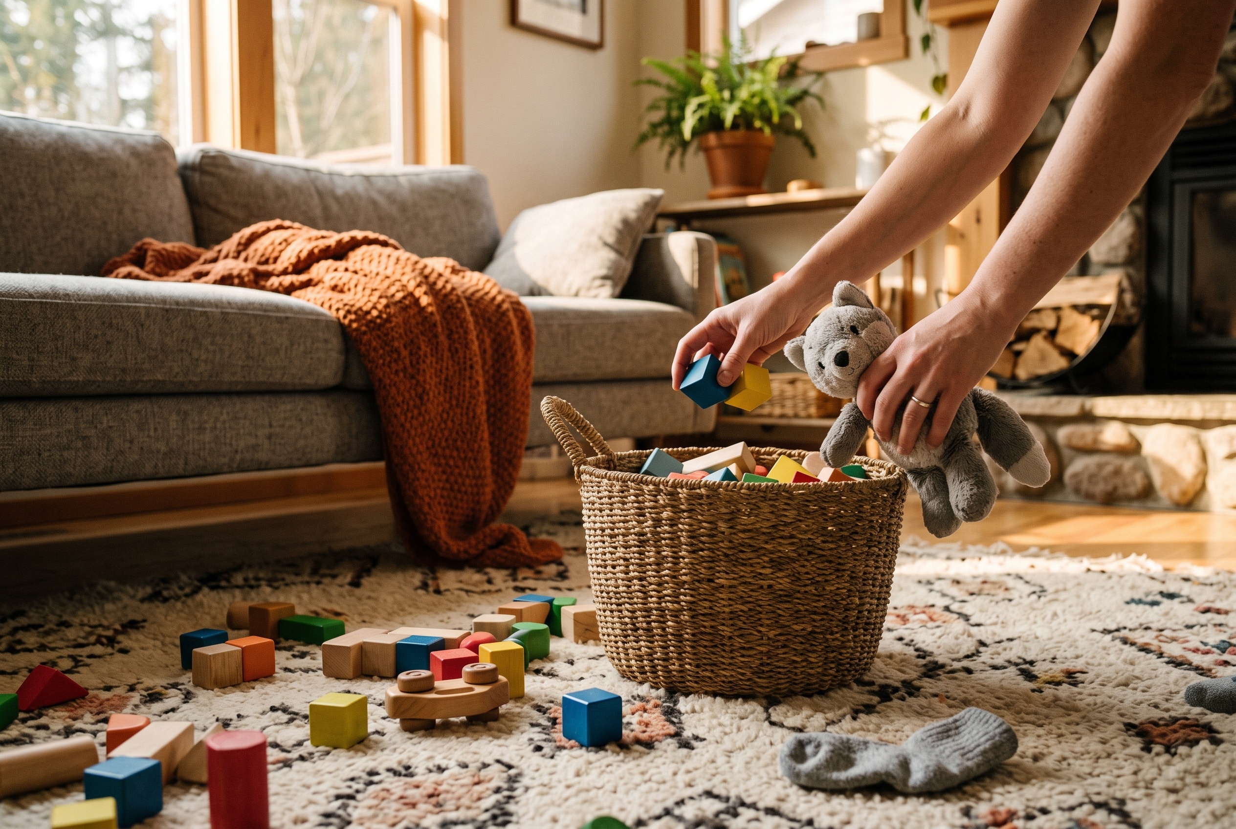 Toys being gathered into a basket in a living room before a cleaning visit