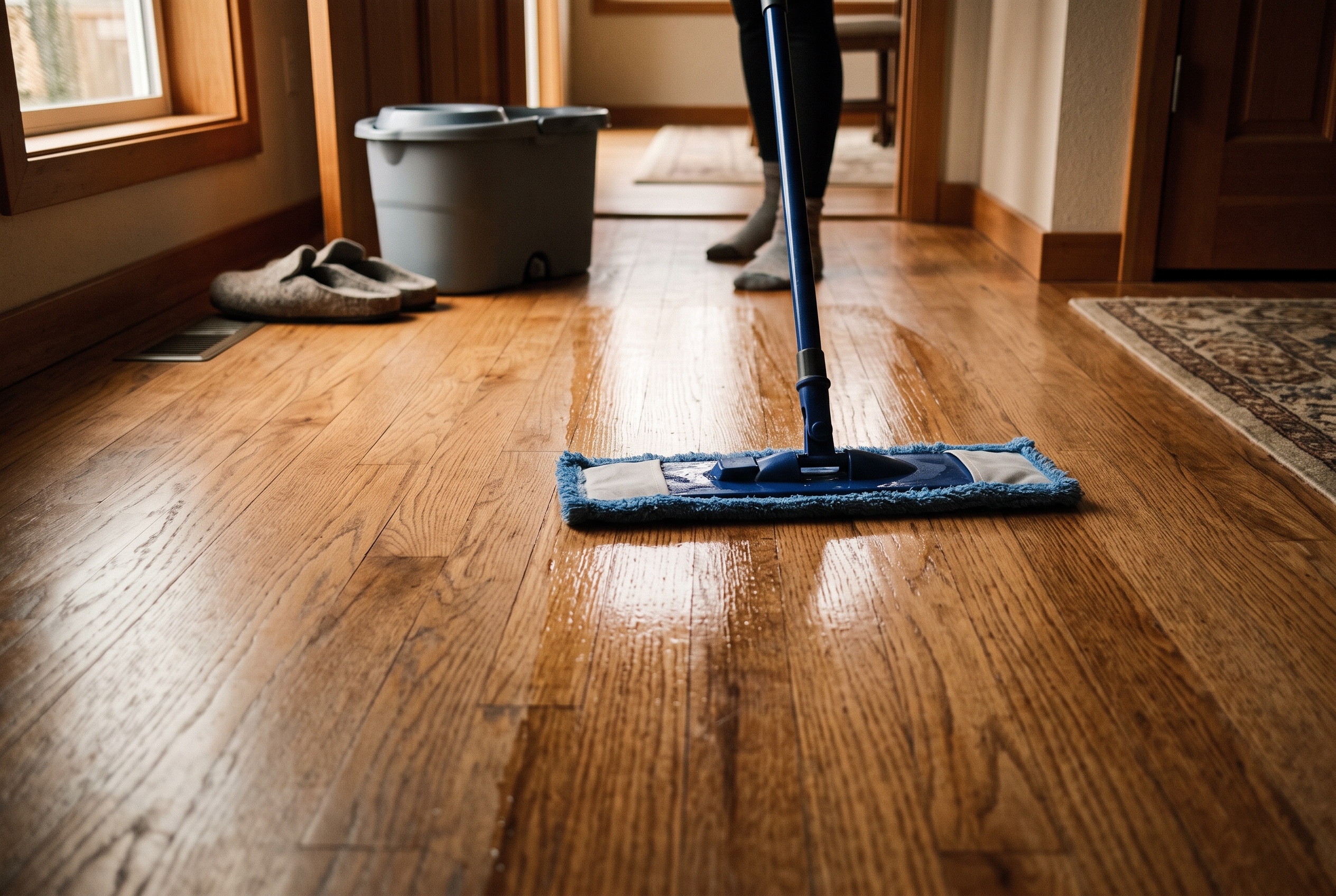 Flat microfiber mop gliding across a hardwood floor